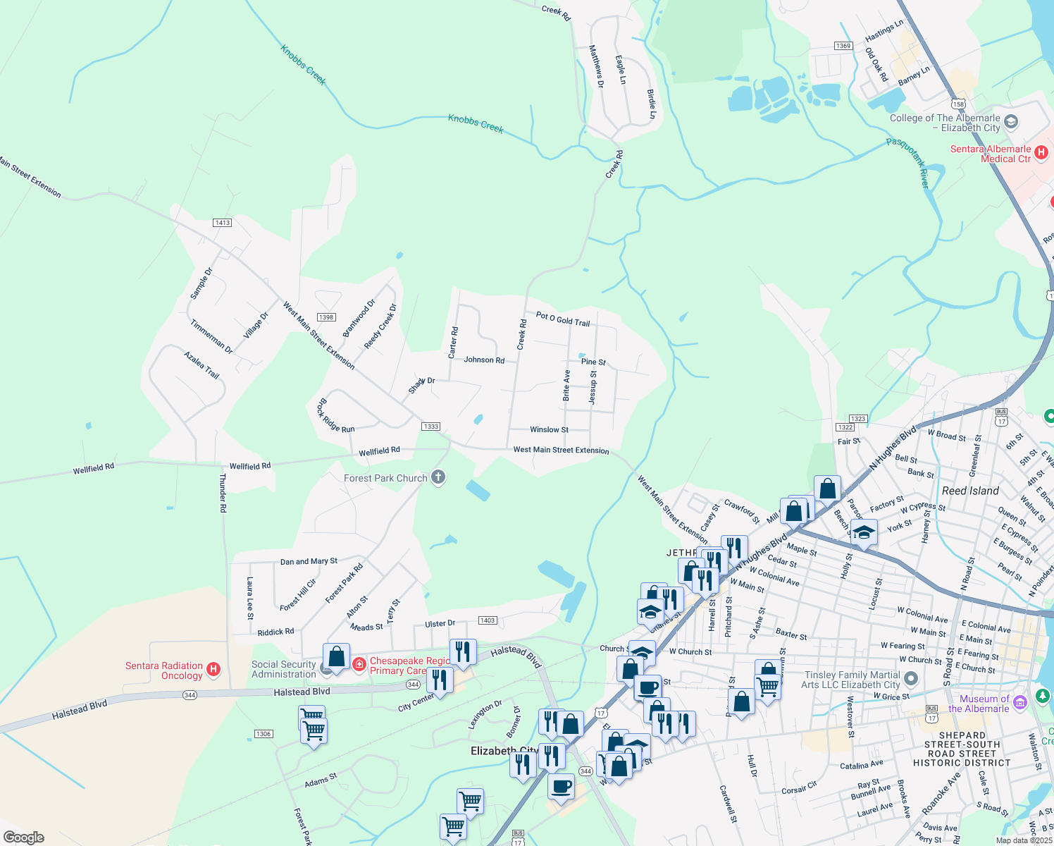 map of restaurants, bars, coffee shops, grocery stores, and more near 1710 Winslow Street in Elizabeth City