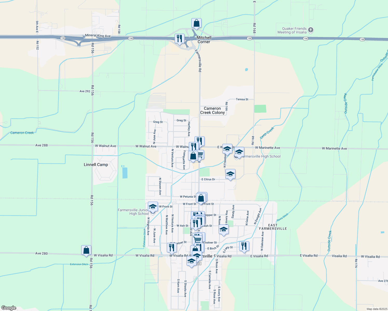 map of restaurants, bars, coffee shops, grocery stores, and more near 1555 Farmersville Road in Farmersville