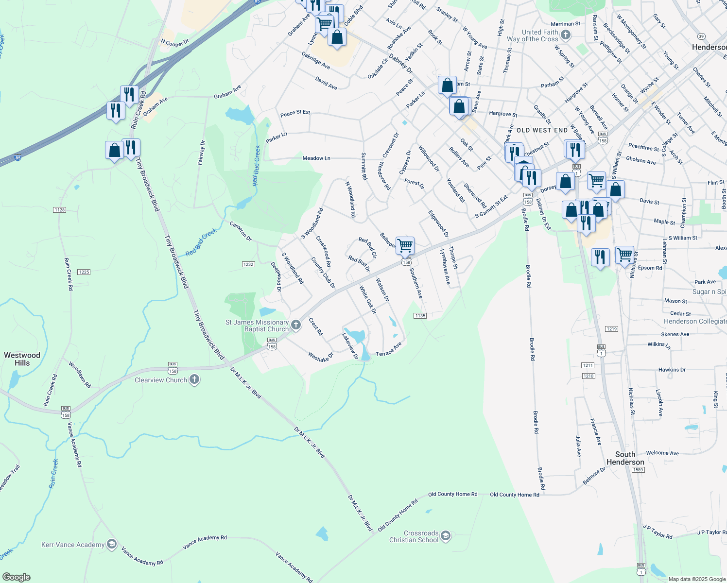 map of restaurants, bars, coffee shops, grocery stores, and more near 134 White Oak Dr in Henderson