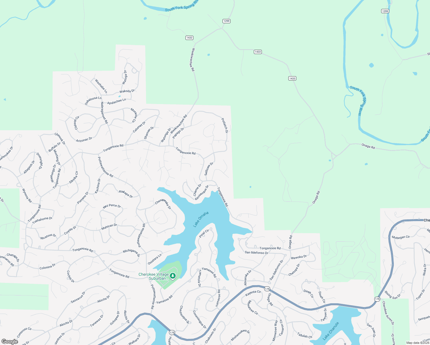 map of restaurants, bars, coffee shops, grocery stores, and more near 7 Keosauqua Drive in Cherokee Village
