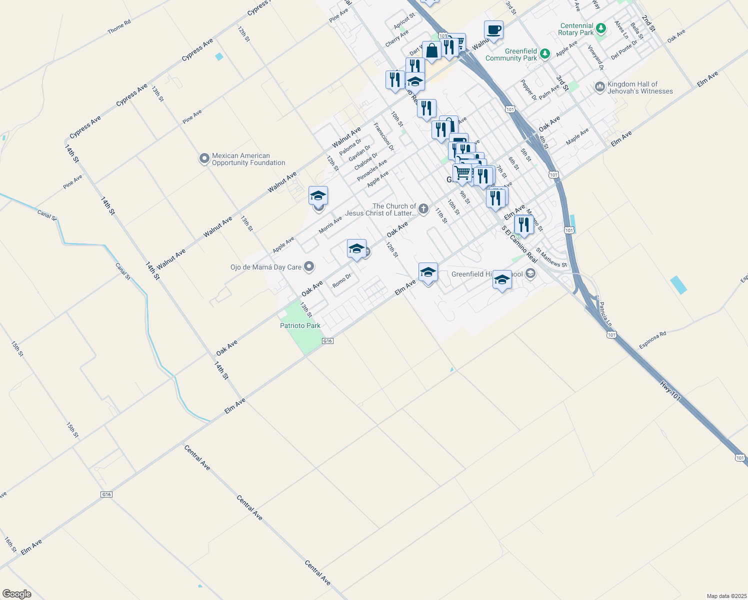 map of restaurants, bars, coffee shops, grocery stores, and more near 1243 Clark Colony Avenue in Greenfield