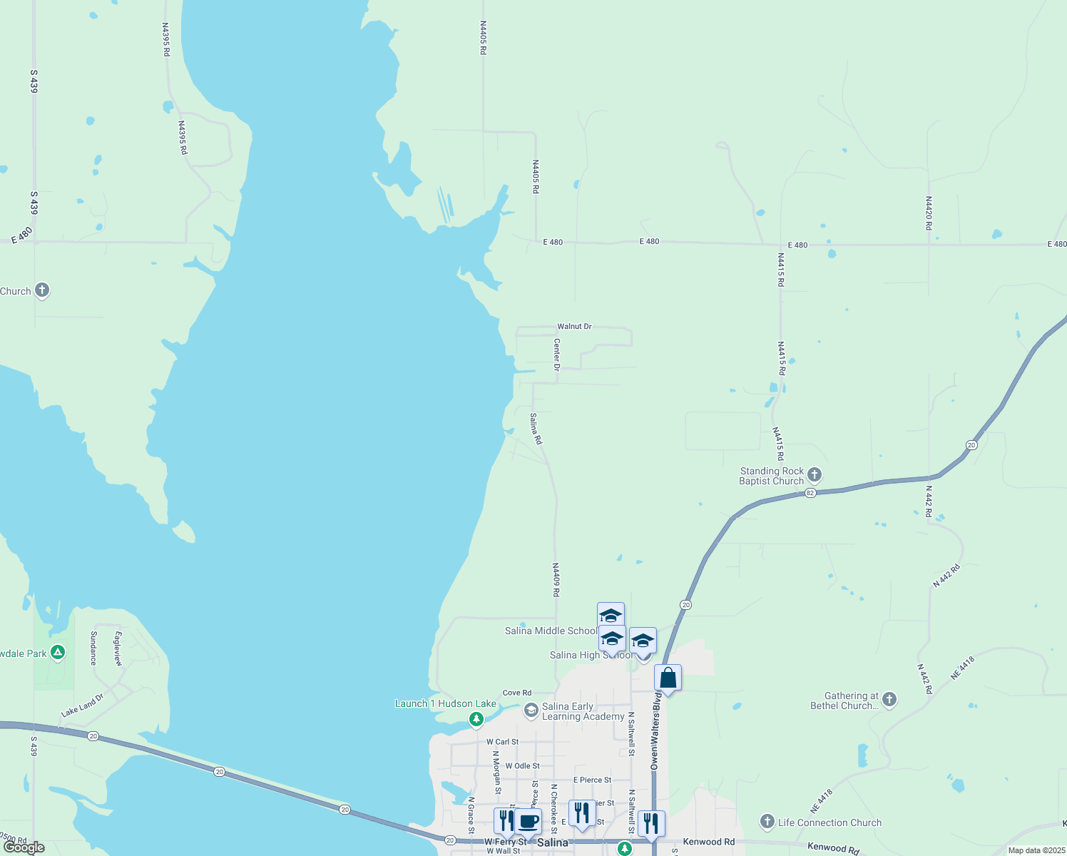 map of restaurants, bars, coffee shops, grocery stores, and more near Salina Road in Mayes County