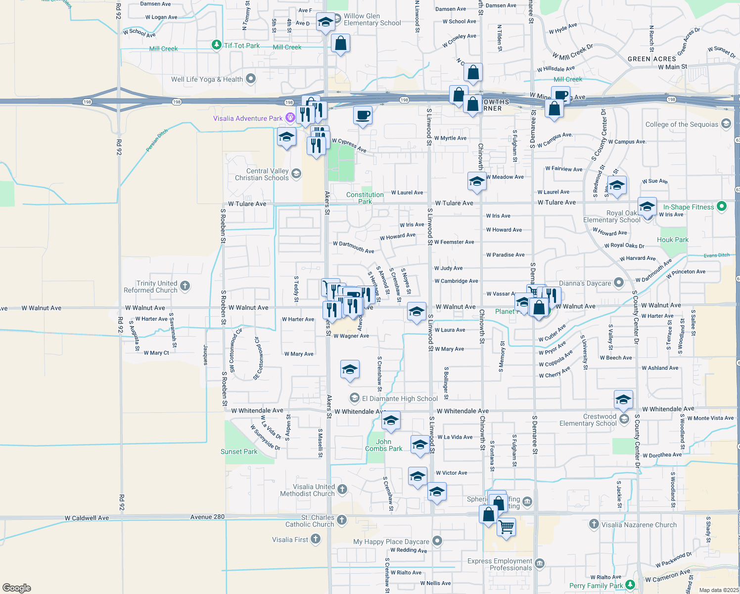 map of restaurants, bars, coffee shops, grocery stores, and more near 1910 South San Joaquin Drive in Visalia
