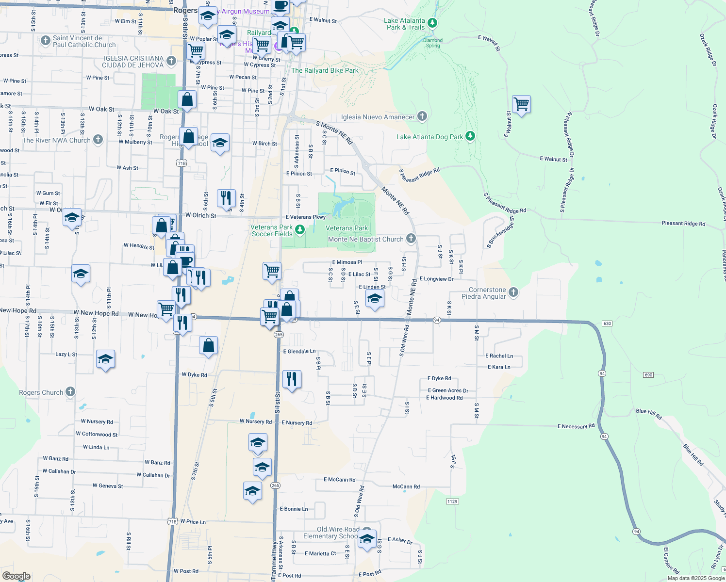map of restaurants, bars, coffee shops, grocery stores, and more near 602 E Linden St in Rogers