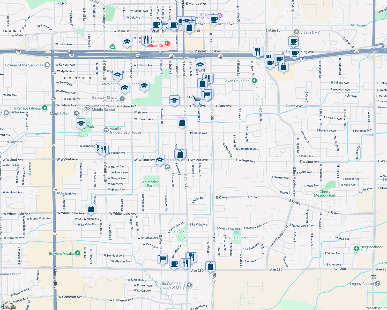 map of restaurants, bars, coffee shops, grocery stores, and more near 1918 South Court Street in Visalia