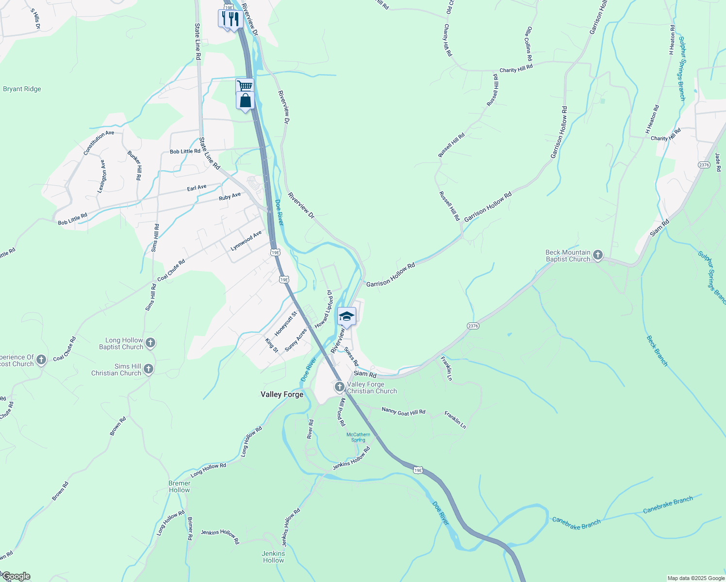 map of restaurants, bars, coffee shops, grocery stores, and more near 1439 Riverview Drive in Elizabethton