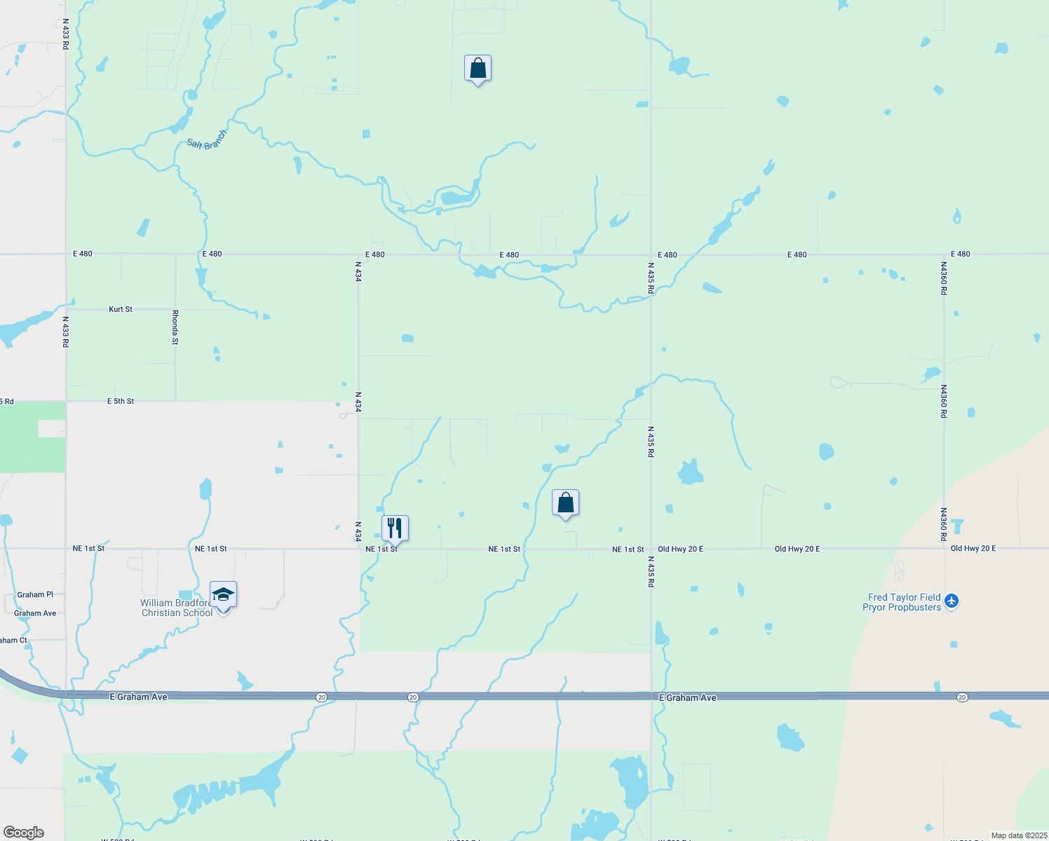 map of restaurants, bars, coffee shops, grocery stores, and more near 459 Lori Lane in Pryor