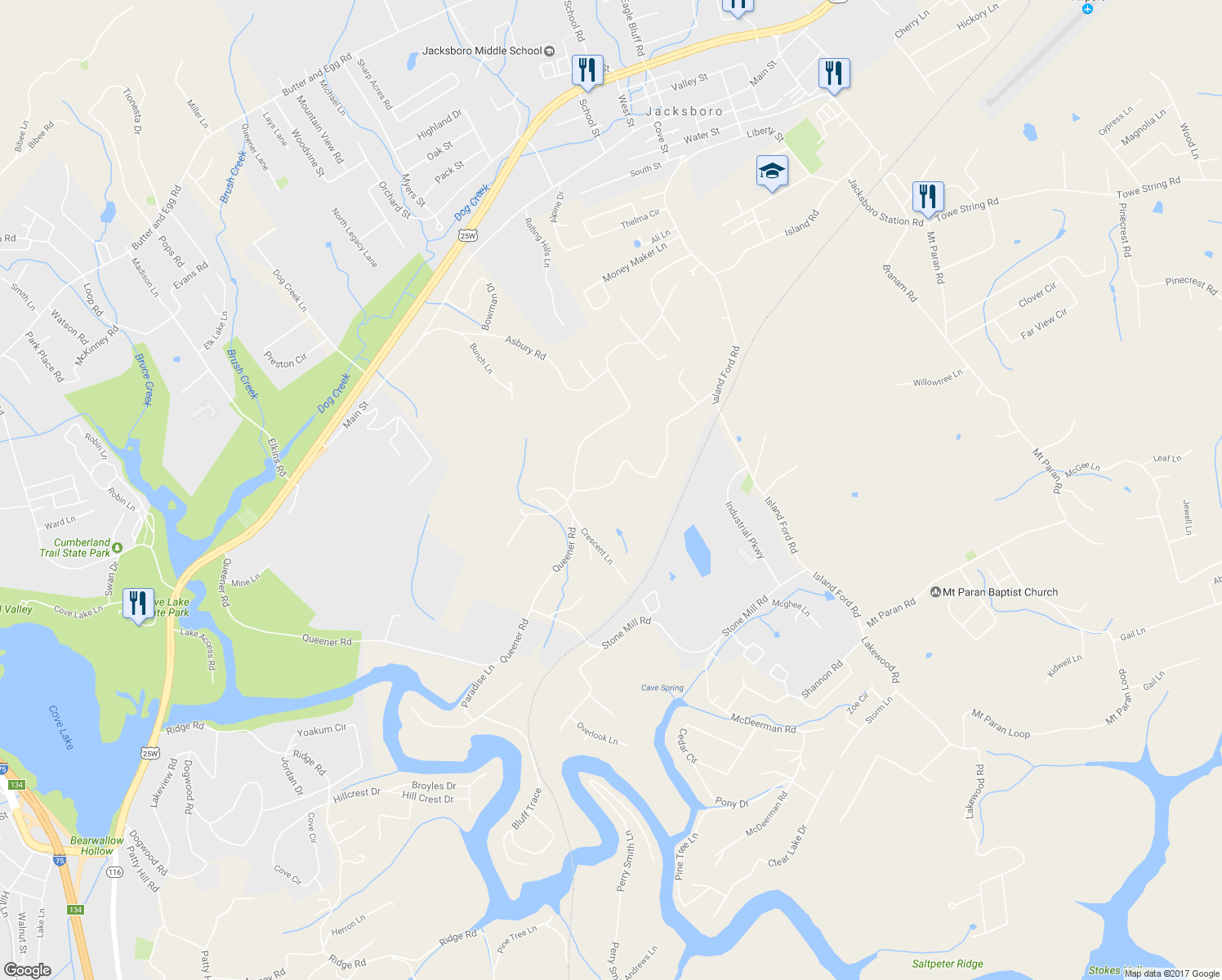 map of restaurants, bars, coffee shops, grocery stores, and more near 940 Queener Road in Jacksboro