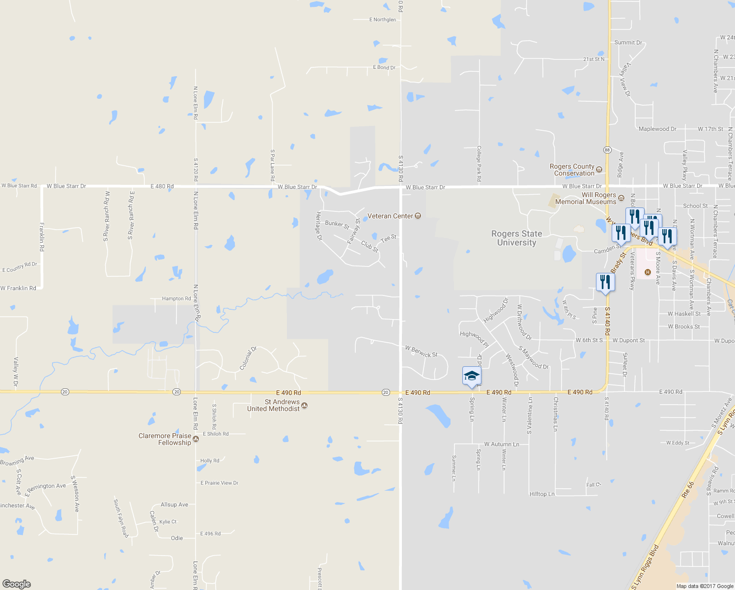 map of restaurants, bars, coffee shops, grocery stores, and more near 3310 Harbour Town Place in Claremore