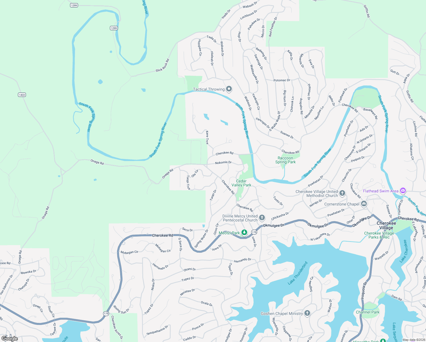 map of restaurants, bars, coffee shops, grocery stores, and more near 1 Nokomis Drive in Cherokee Village