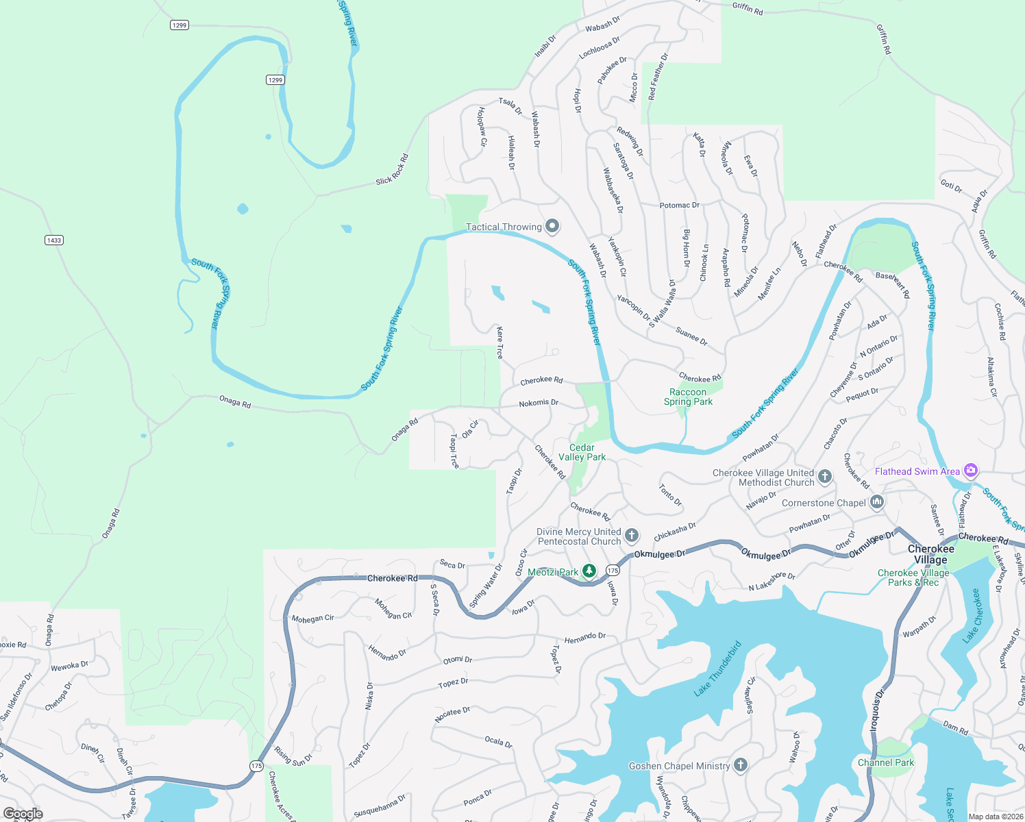 map of restaurants, bars, coffee shops, grocery stores, and more near 1 Nokomis Drive in Cherokee Village