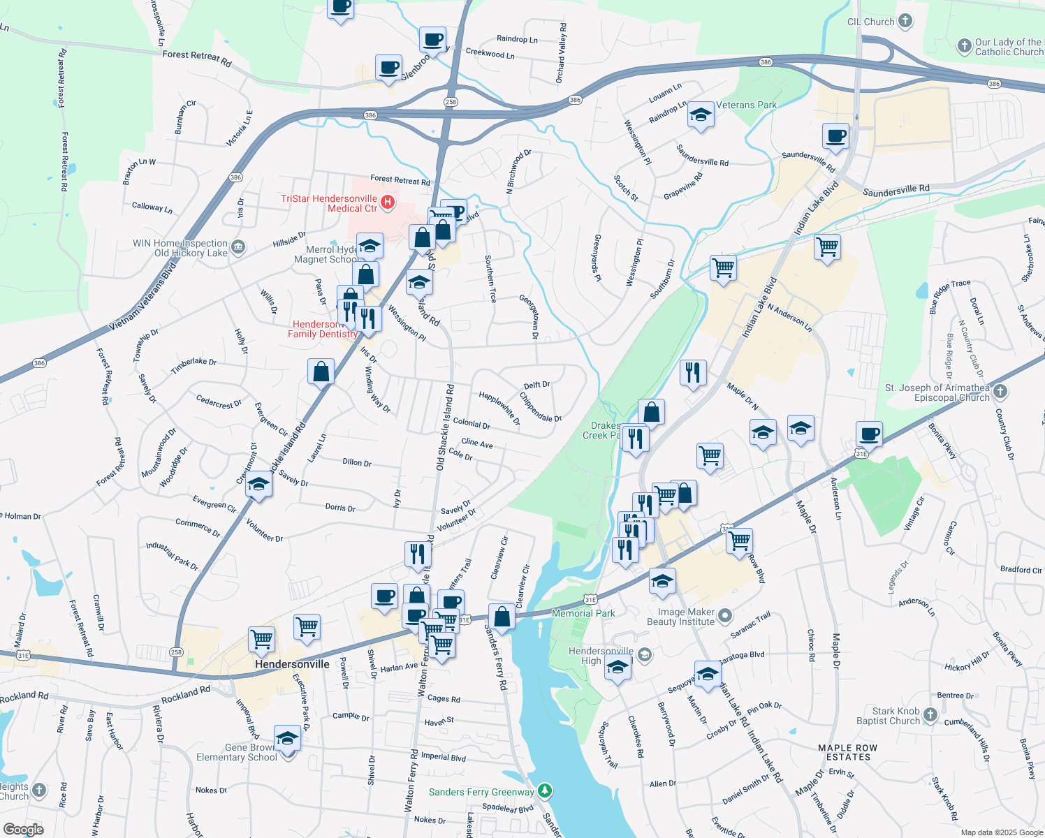 map of restaurants, bars, coffee shops, grocery stores, and more near 123 Hepplewhite Drive in Hendersonville