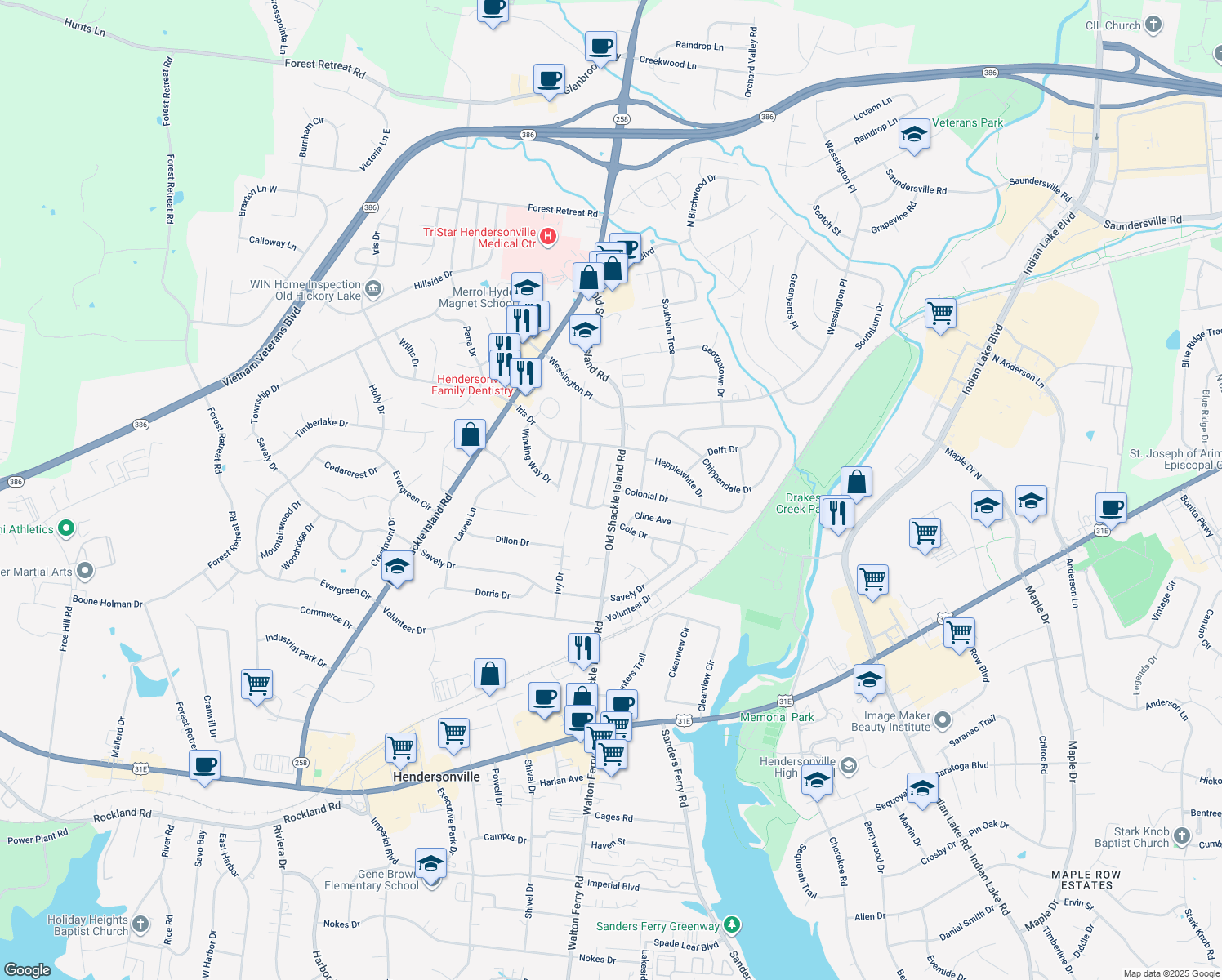 map of restaurants, bars, coffee shops, grocery stores, and more near 279 Old Shackle Island Road in Hendersonville