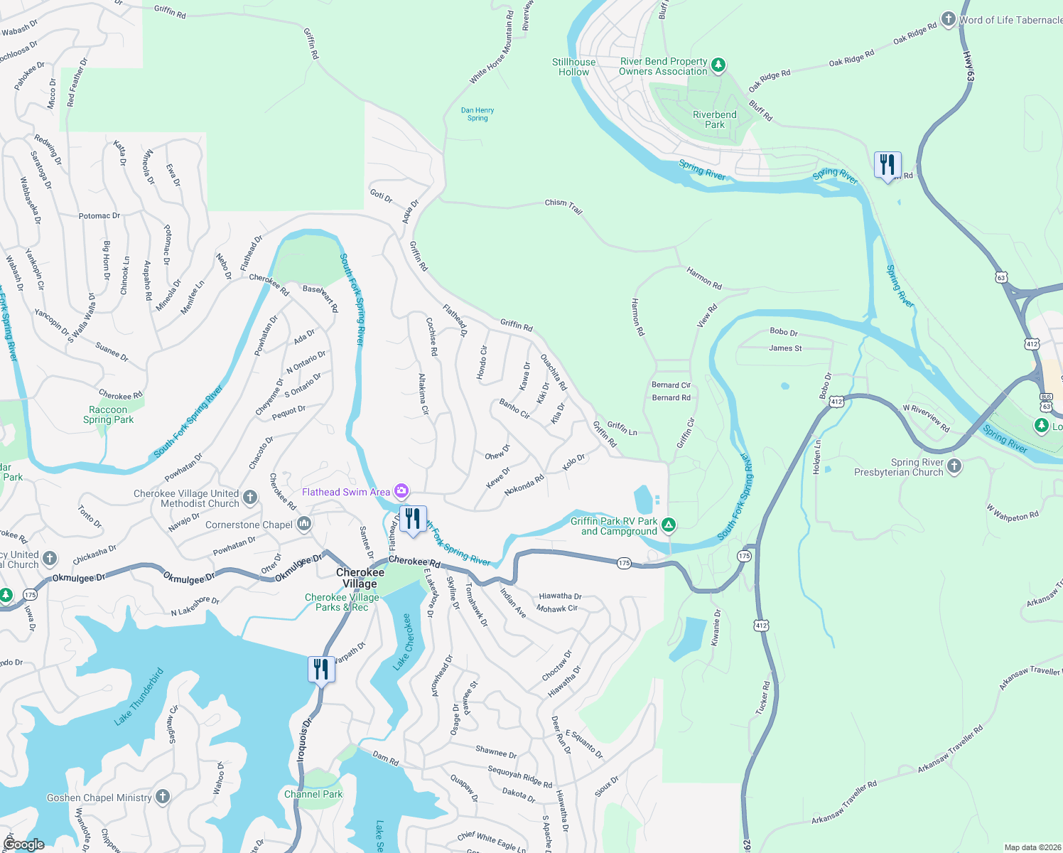 map of restaurants, bars, coffee shops, grocery stores, and more near 49 Banho Circle in Cherokee Village