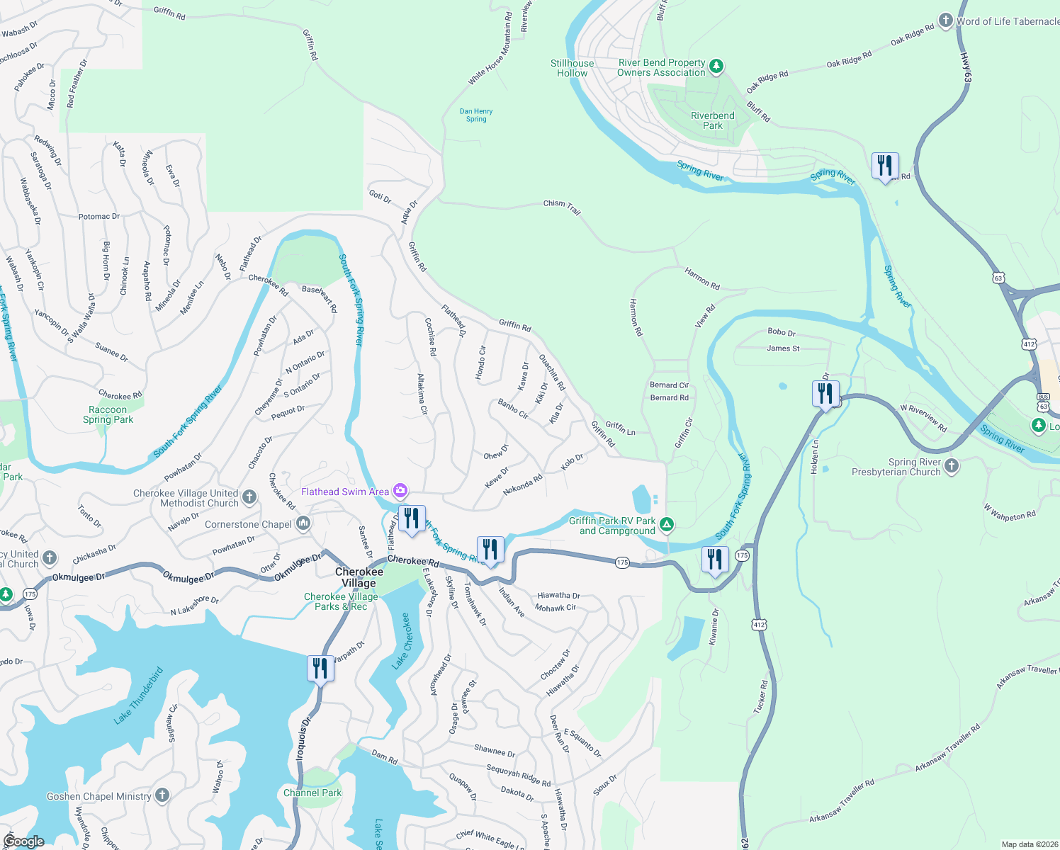 map of restaurants, bars, coffee shops, grocery stores, and more near 49 Banho Circle in Cherokee Village
