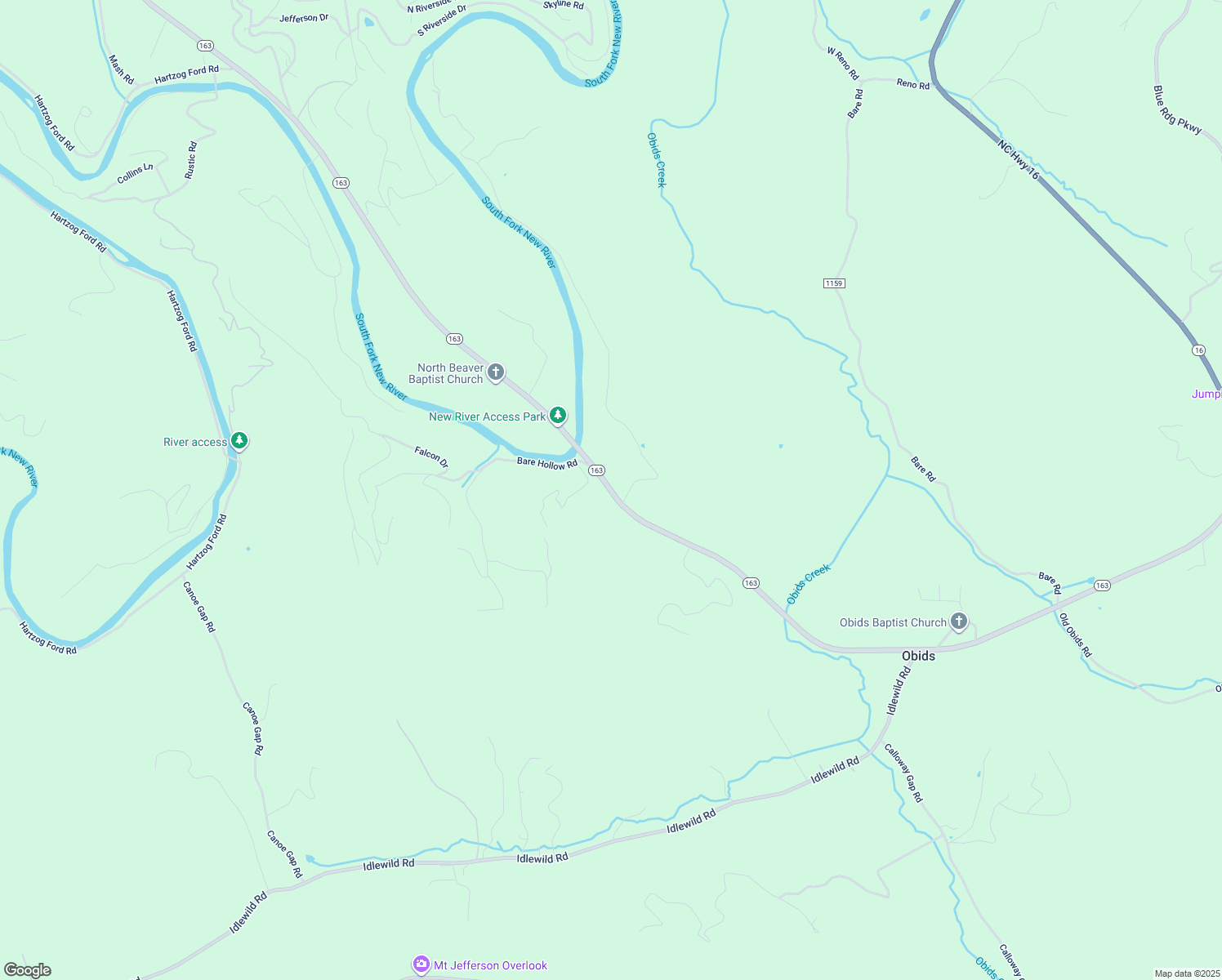 map of restaurants, bars, coffee shops, grocery stores, and more near 8429 North Carolina 163 in West Jefferson