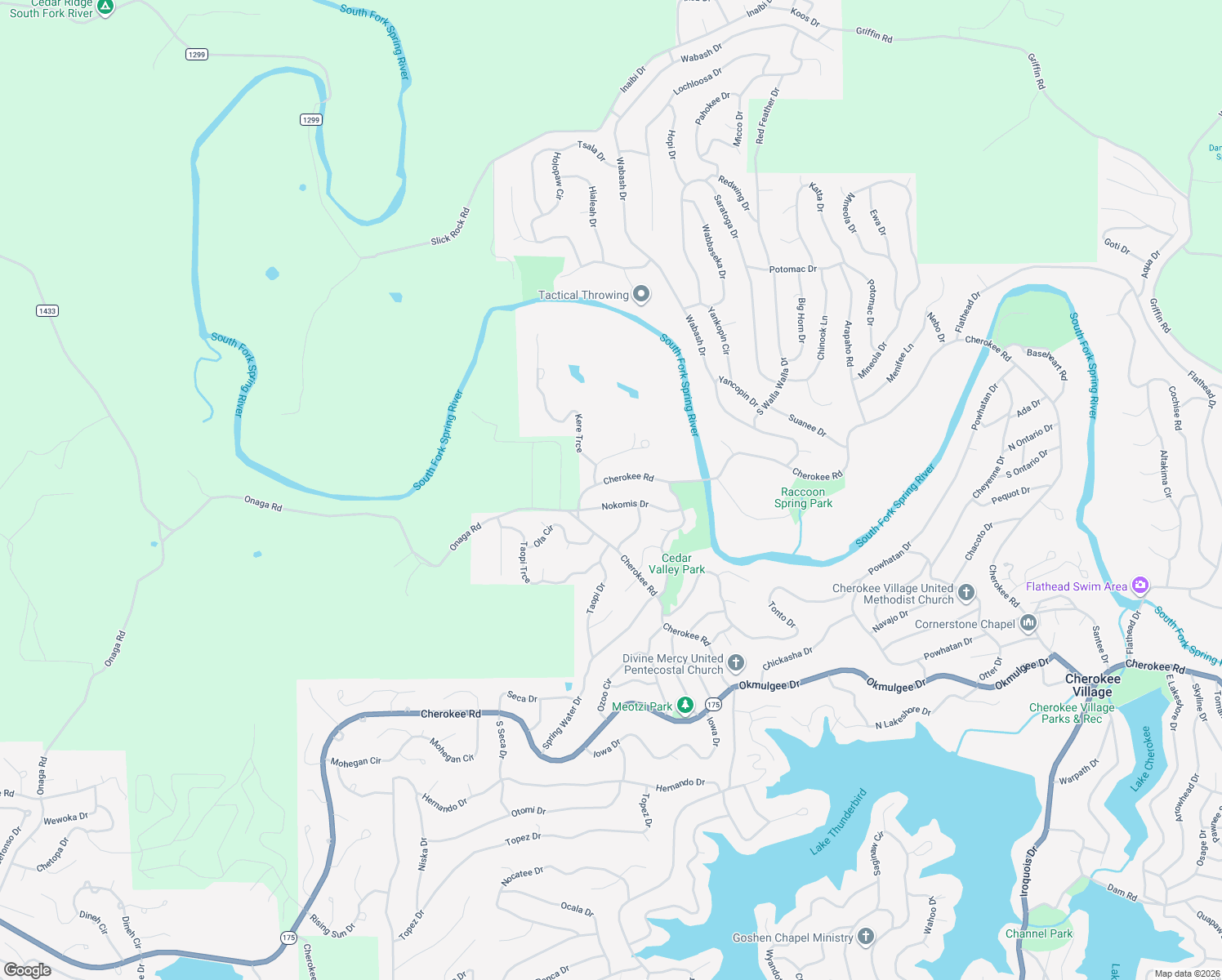 map of restaurants, bars, coffee shops, grocery stores, and more near 76 Cherokee Road in Cherokee Village