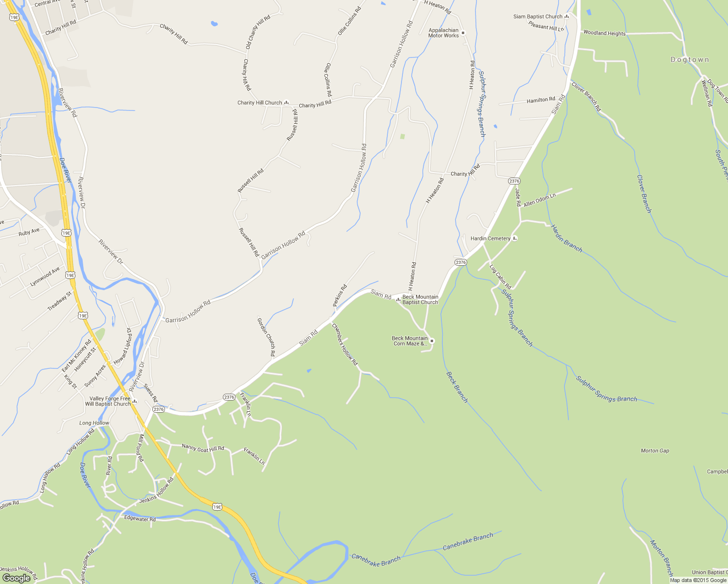 map of restaurants, bars, coffee shops, grocery stores, and more near State Highway 2376 in Elizabethton