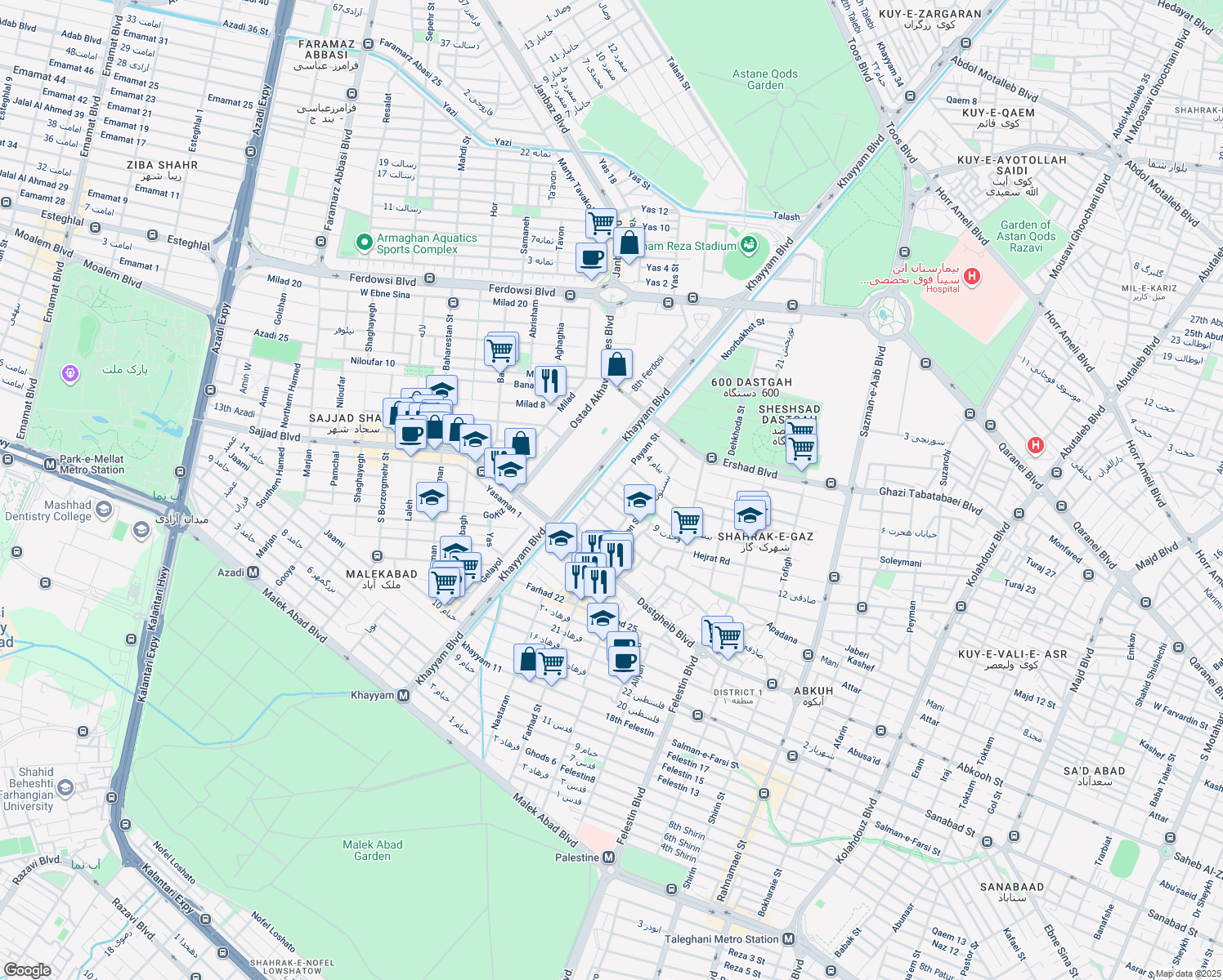 map of restaurants, bars, coffee shops, grocery stores, and more near Payam 10 in Mashhad