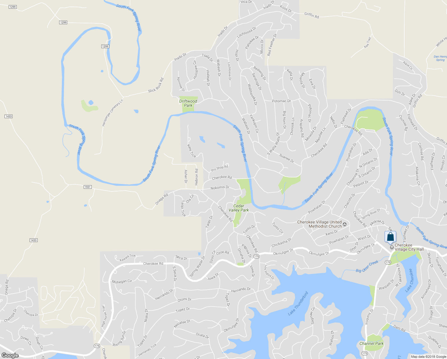 map of restaurants, bars, coffee shops, grocery stores, and more near 68 Cherokee Road in Cherokee Village