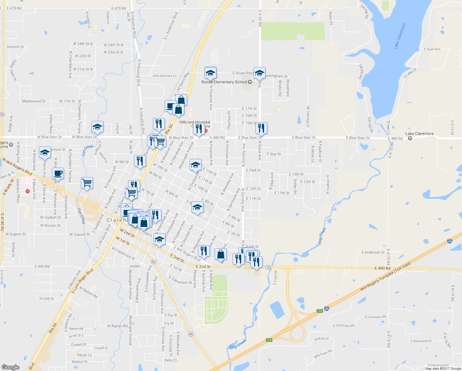 map of restaurants, bars, coffee shops, grocery stores, and more near 415 East 12th Street in Claremore
