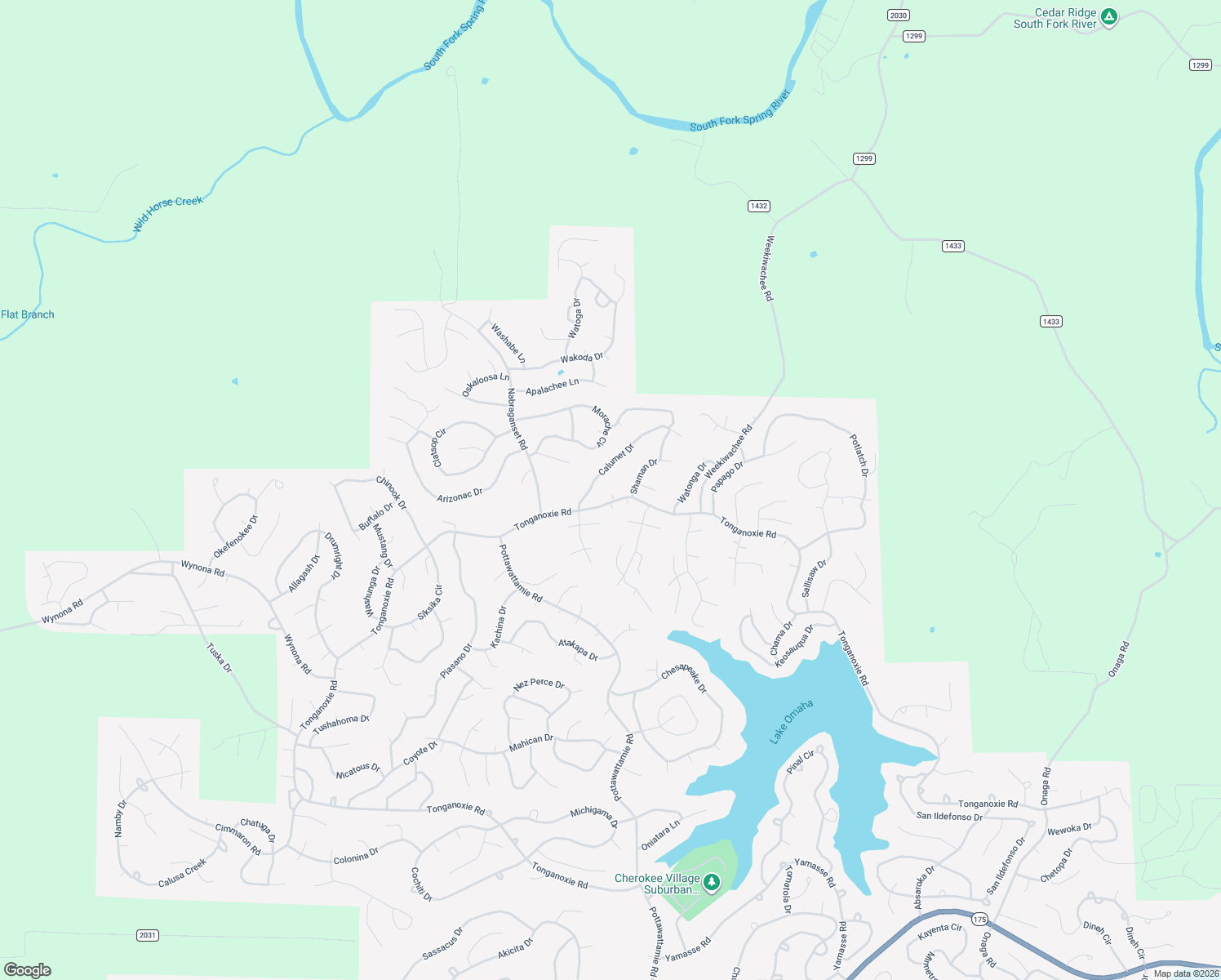 map of restaurants, bars, coffee shops, grocery stores, and more near Coup Lane in Cherokee Village