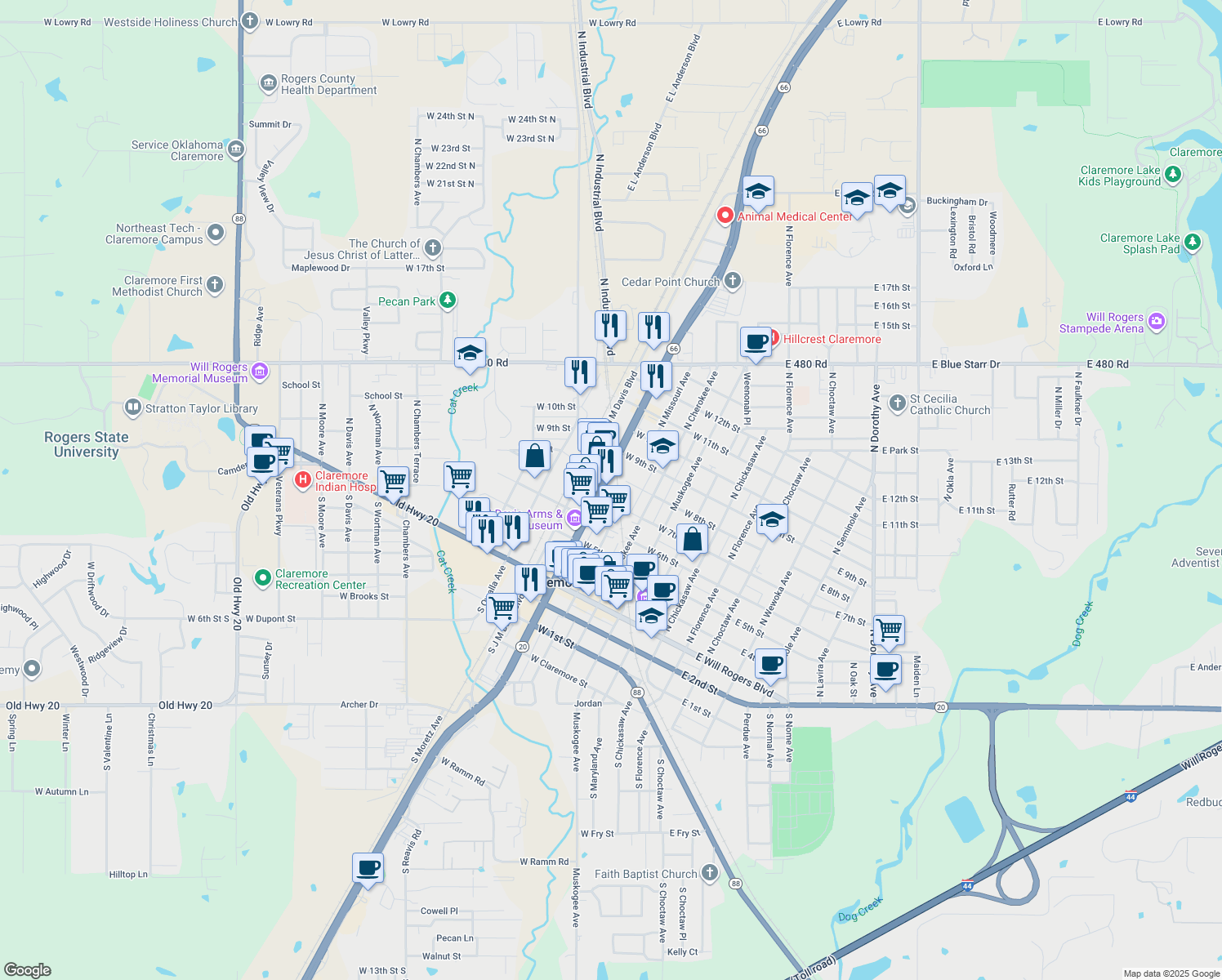 map of restaurants, bars, coffee shops, grocery stores, and more near 510 North Lynn Riggs Boulevard in Claremore