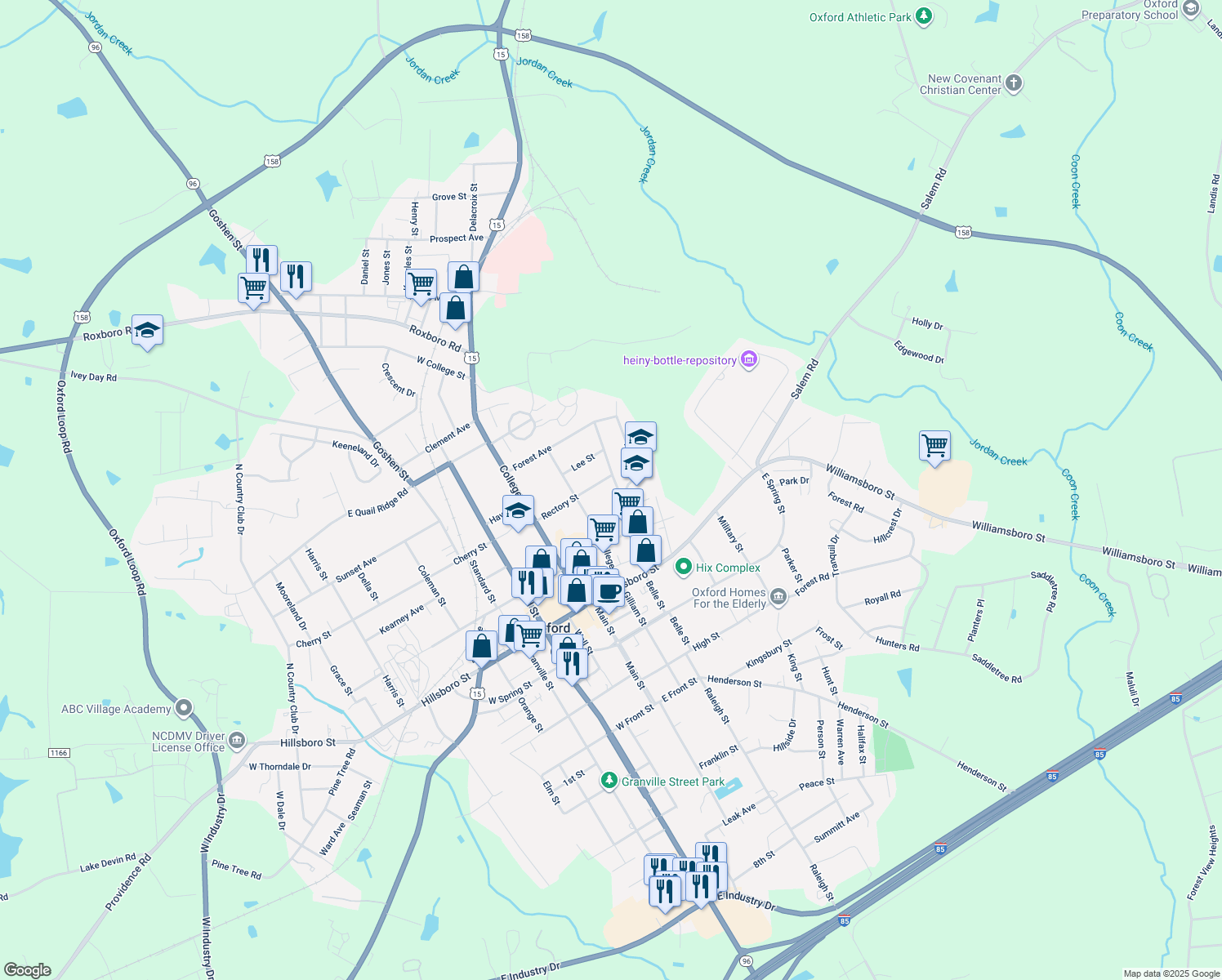 map of restaurants, bars, coffee shops, grocery stores, and more near 227 Lanier Street in Oxford