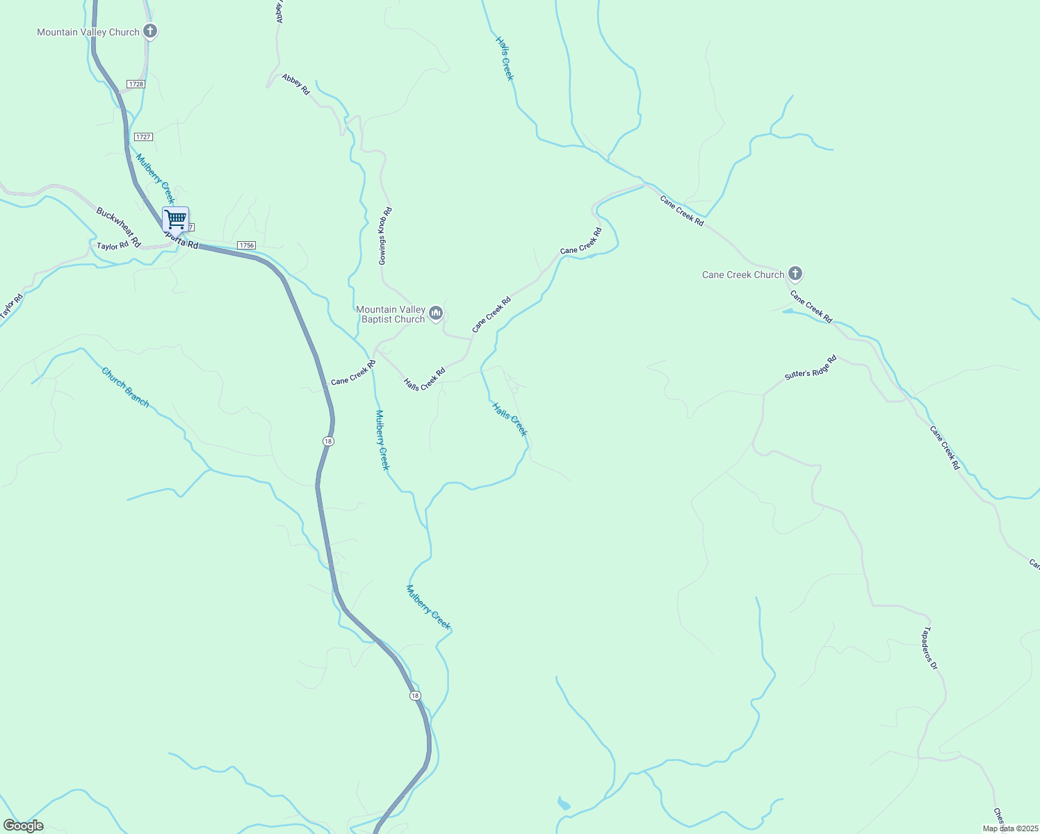 map of restaurants, bars, coffee shops, grocery stores, and more near Halls Lane in Wilkes County