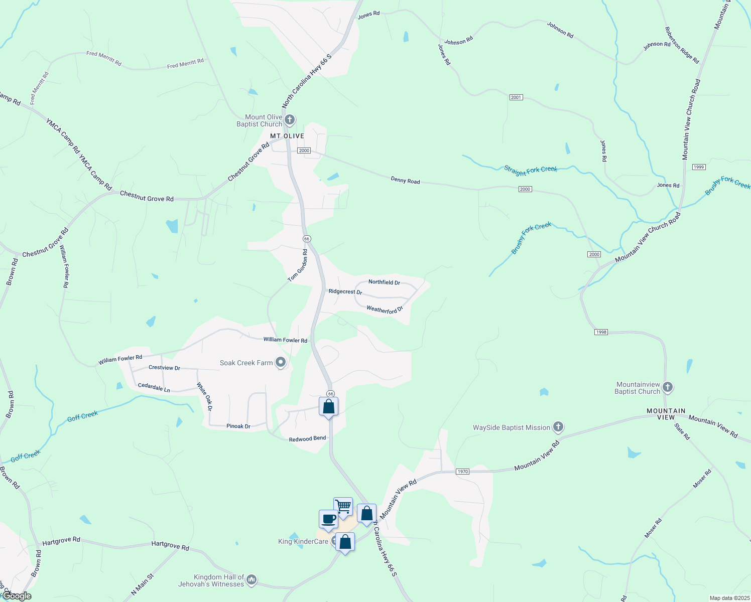 map of restaurants, bars, coffee shops, grocery stores, and more near 322 Ridgecrest Drive in King