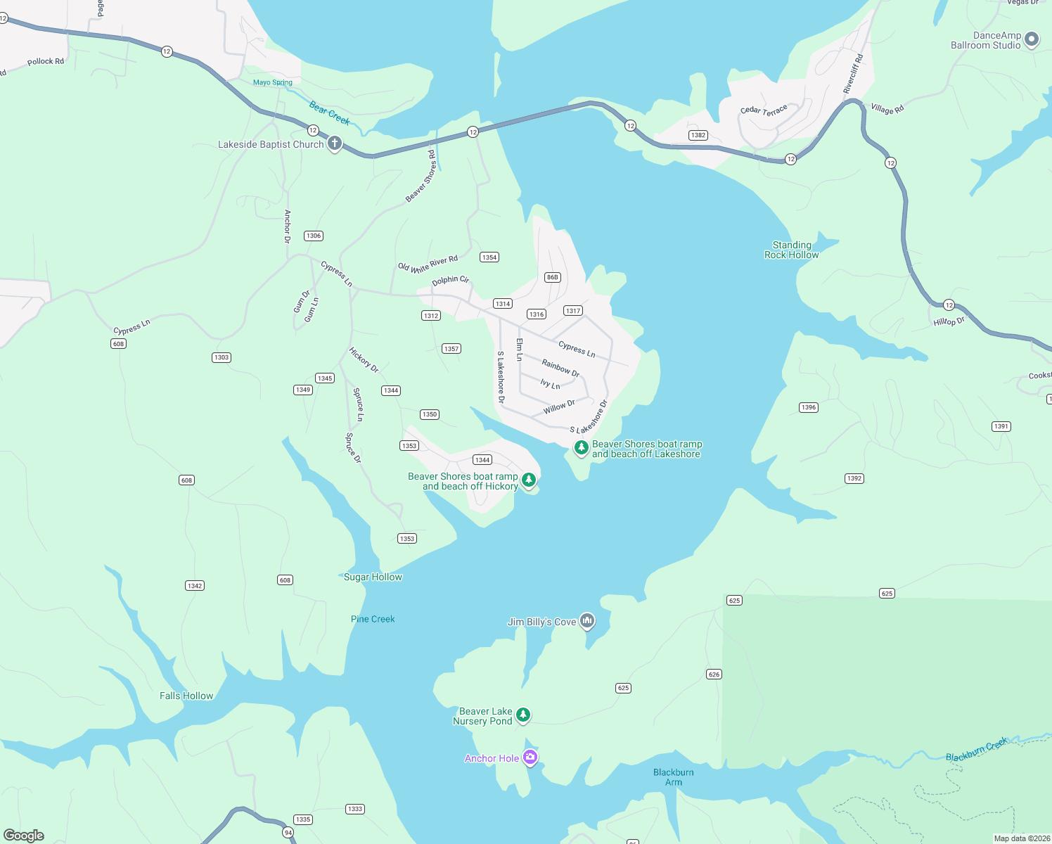 map of restaurants, bars, coffee shops, grocery stores, and more near 8633 South Lakeshore Drive in Rogers