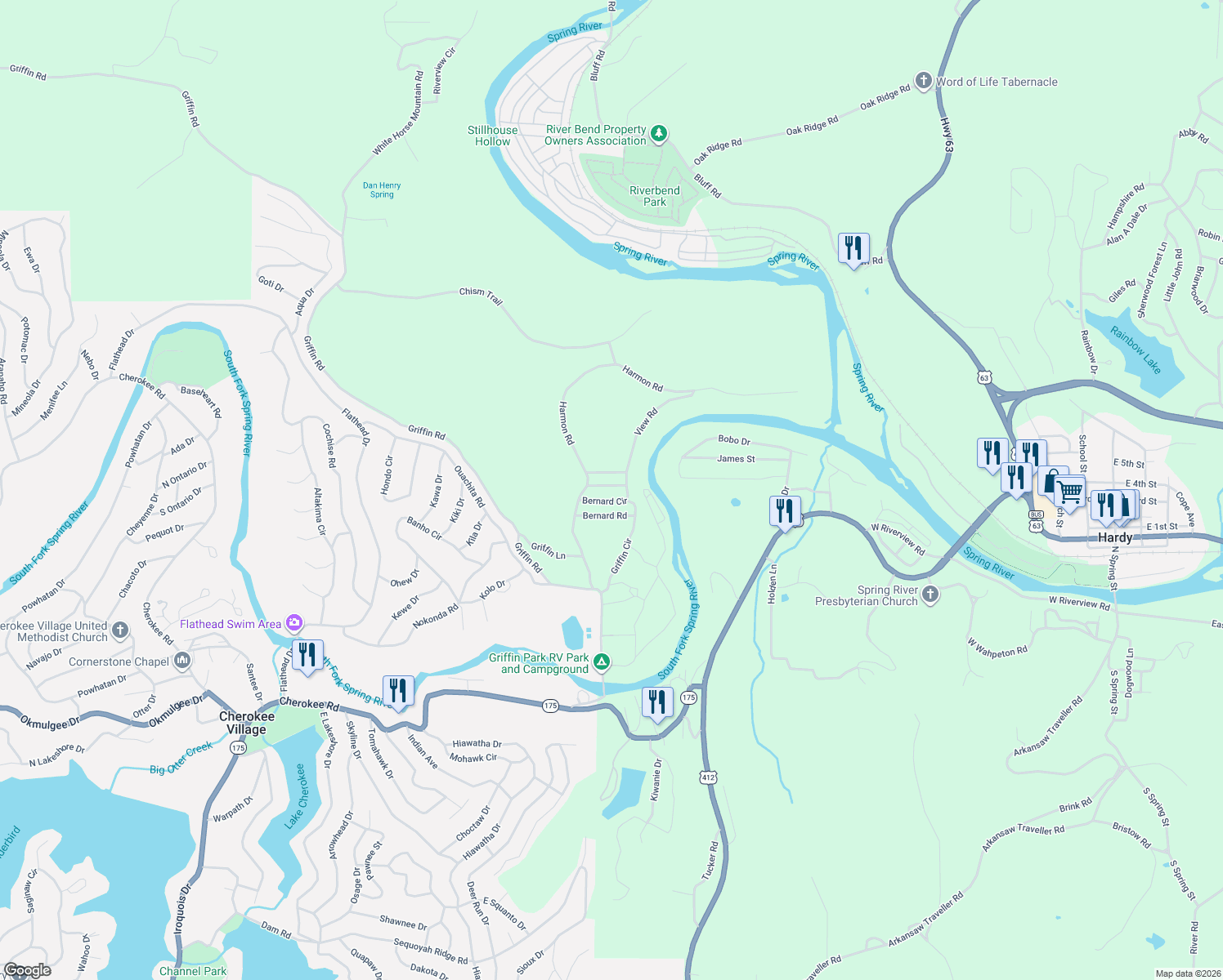 map of restaurants, bars, coffee shops, grocery stores, and more near 14 Bernard Circle in Hardy