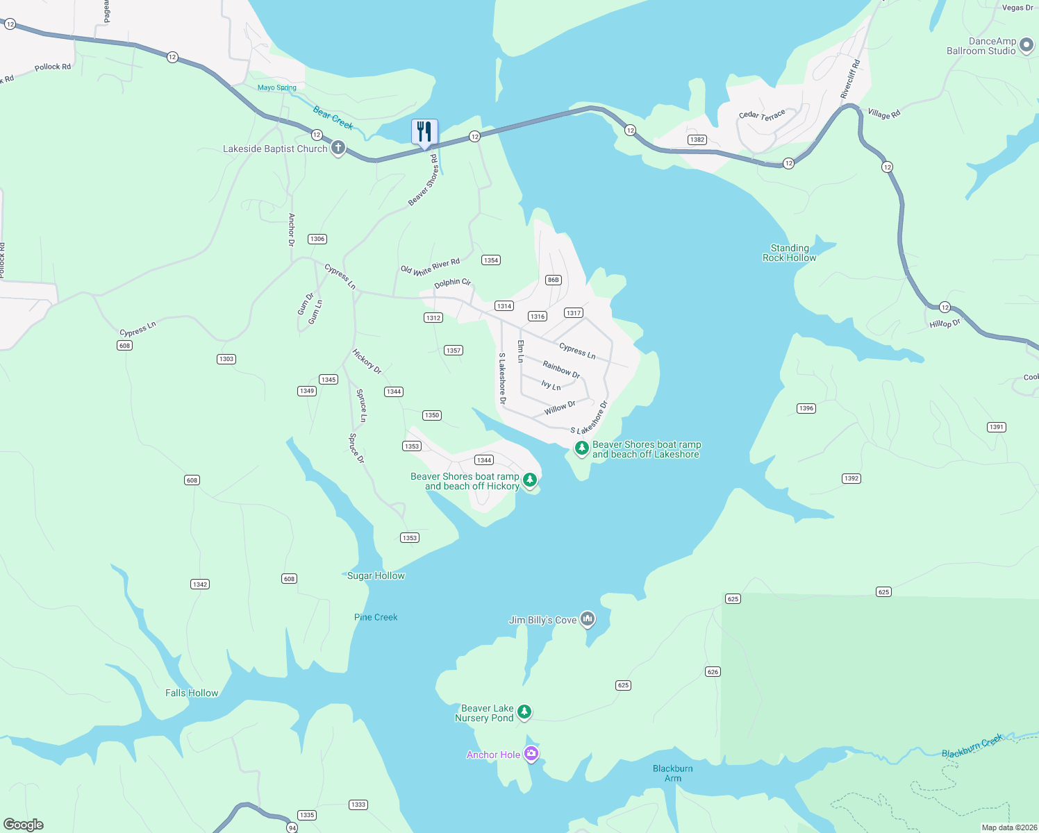 map of restaurants, bars, coffee shops, grocery stores, and more near 8633 South Lakeshore Drive in Rogers