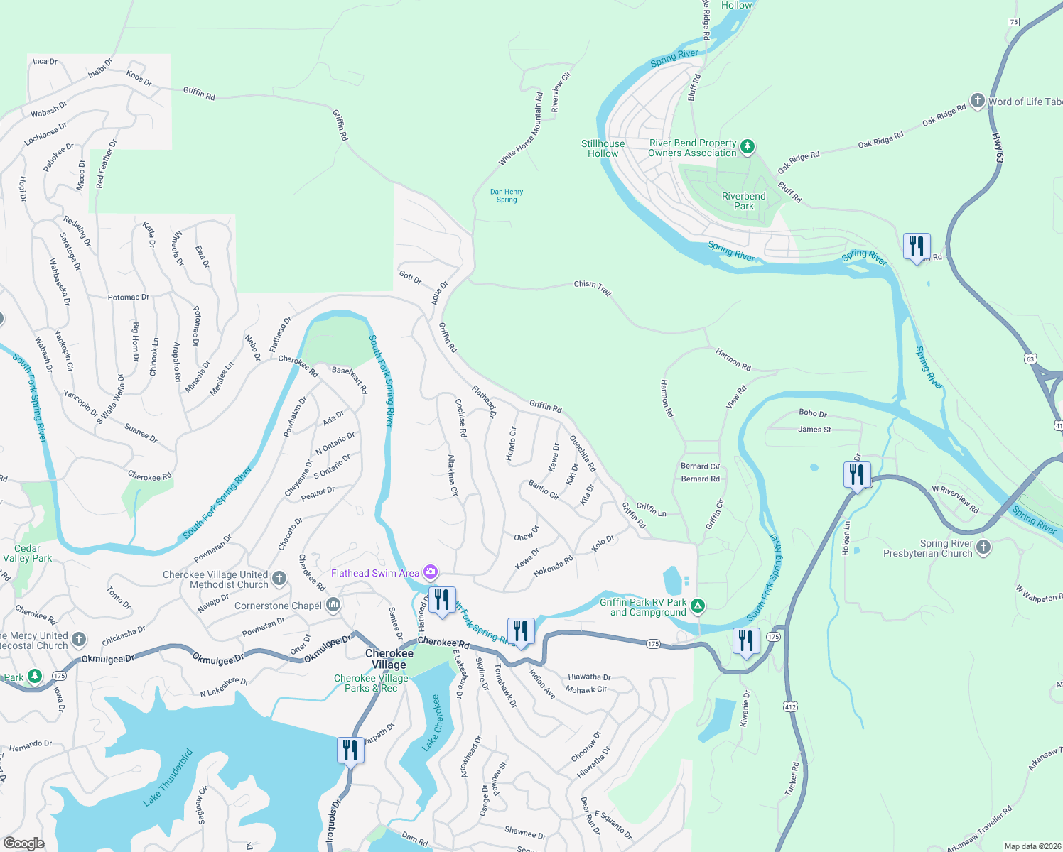 map of restaurants, bars, coffee shops, grocery stores, and more near 1 Hondo Circle in Cherokee Village