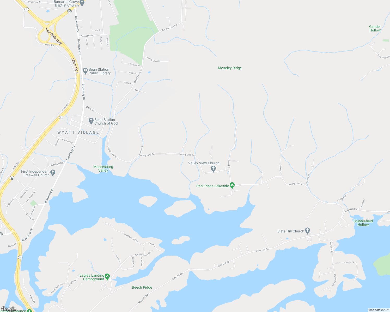 map of restaurants, bars, coffee shops, grocery stores, and more near County Line Road in Mooresburg