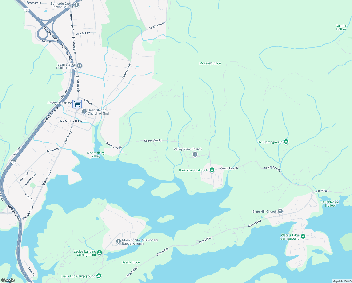 map of restaurants, bars, coffee shops, grocery stores, and more near County Line Road in Mooresburg