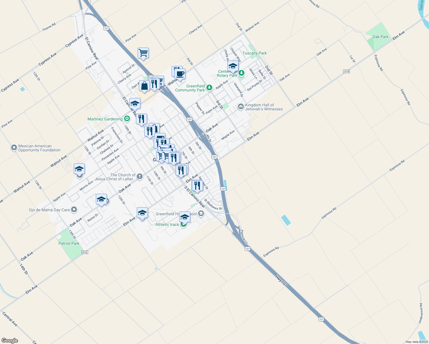 map of restaurants, bars, coffee shops, grocery stores, and more near 11 Walker Lane in Greenfield