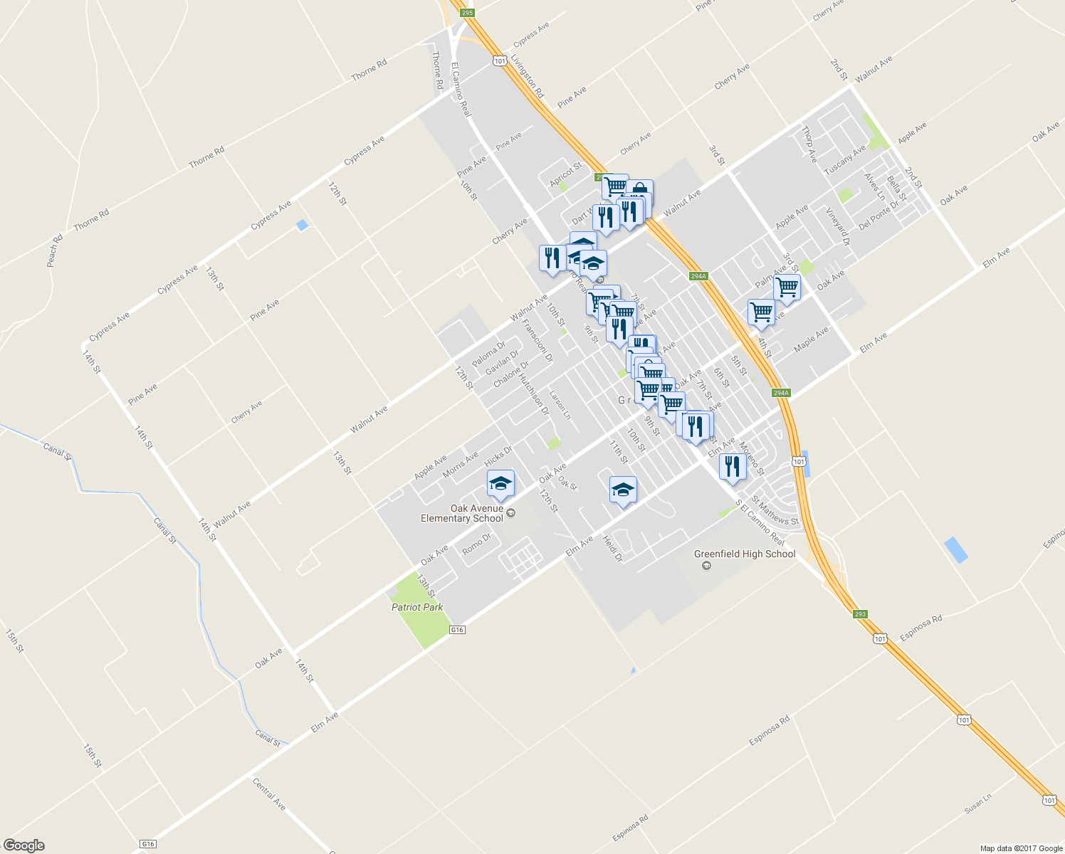 map of restaurants, bars, coffee shops, grocery stores, and more near 346 Hicks Drive in Greenfield