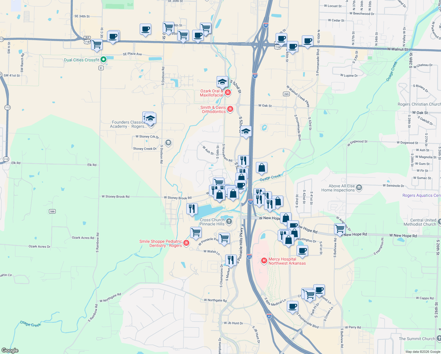 map of restaurants, bars, coffee shops, grocery stores, and more near 5001 Stoney Brook Road in Rogers