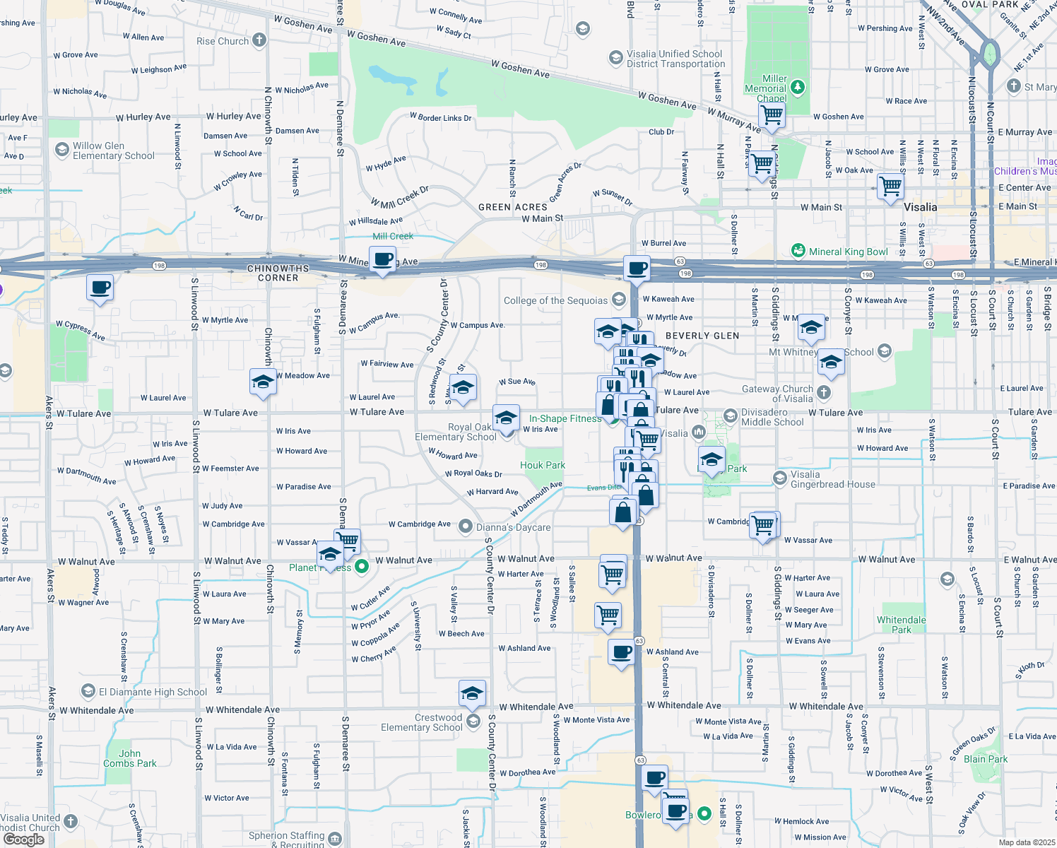 map of restaurants, bars, coffee shops, grocery stores, and more near 2644 West Iris Avenue in Visalia
