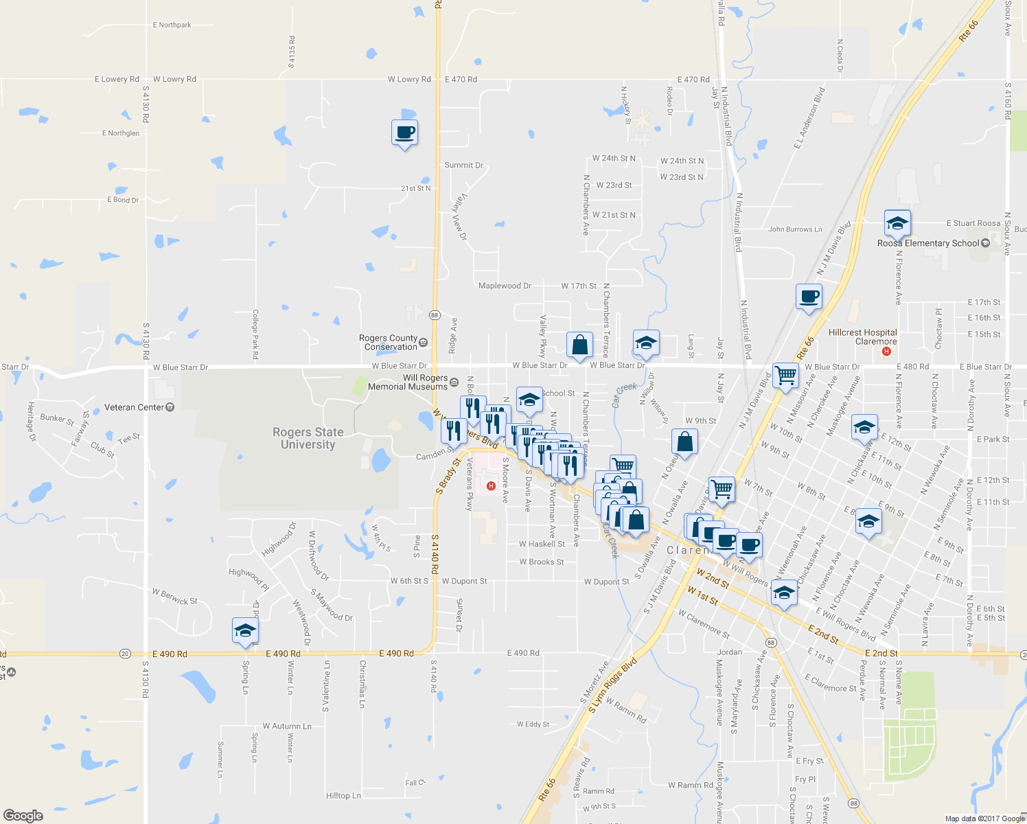 map of restaurants, bars, coffee shops, grocery stores, and more near 202 North Moore Avenue in Claremore