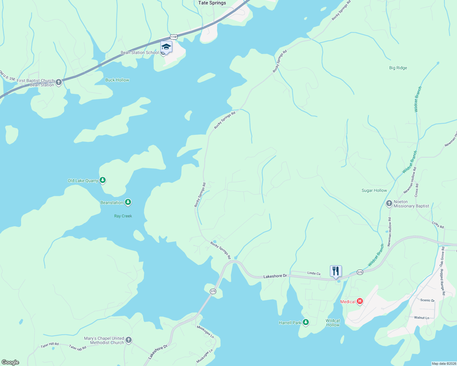 map of restaurants, bars, coffee shops, grocery stores, and more near 107 Paradise Mountain Lane in Bean Station