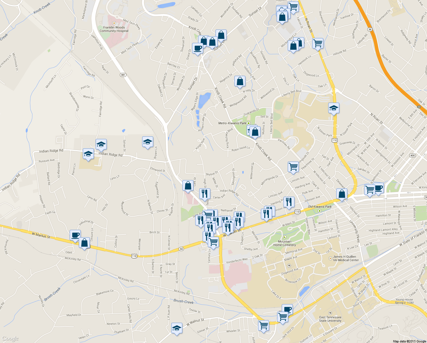 map of restaurants, bars, coffee shops, grocery stores, and more near 1504 Skyline Drive in Johnson City