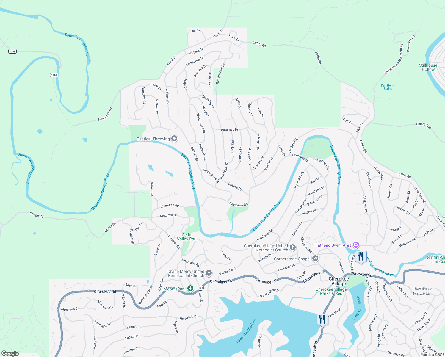 map of restaurants, bars, coffee shops, grocery stores, and more near 30 Suanee Drive in Cherokee Village