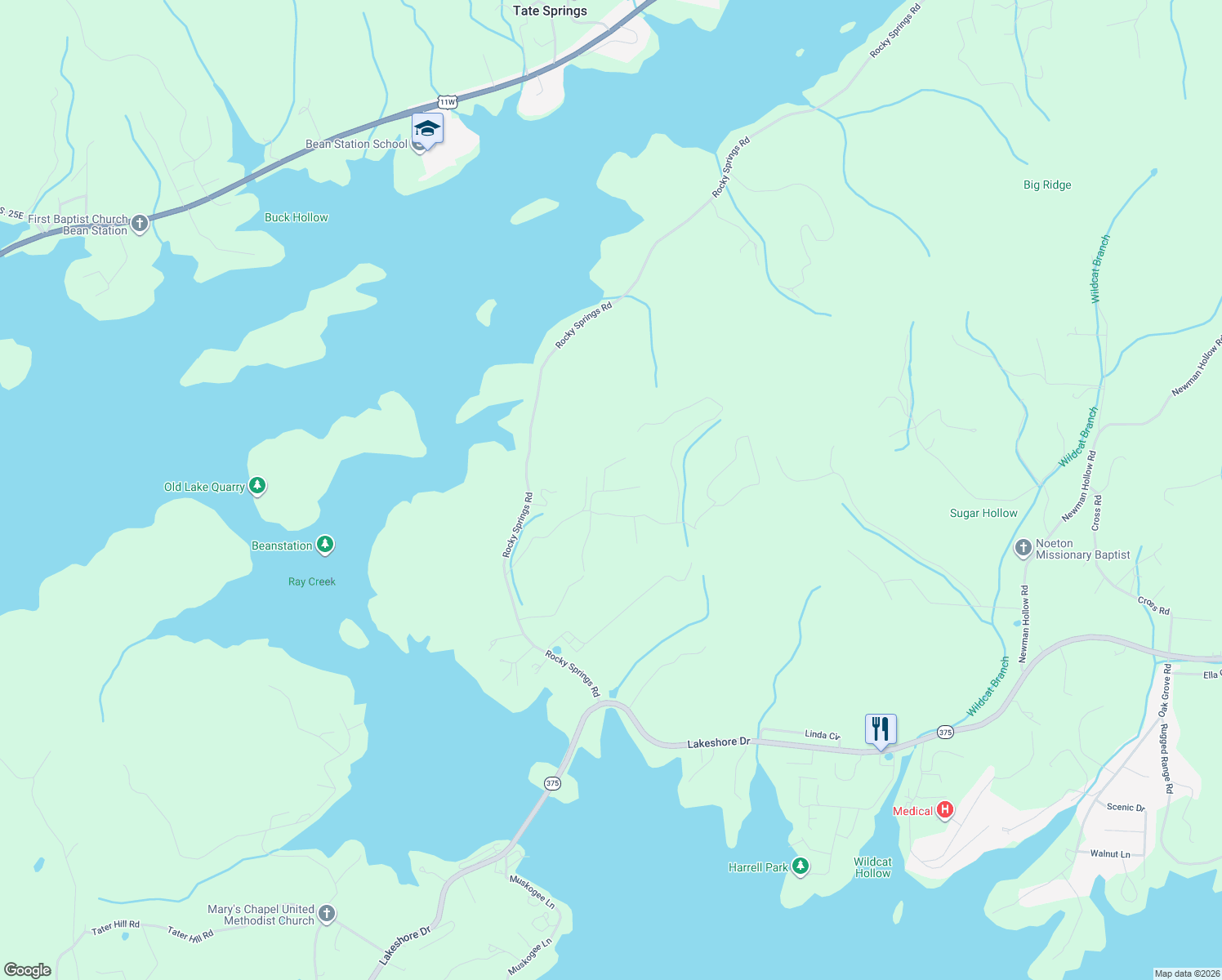 map of restaurants, bars, coffee shops, grocery stores, and more near 107 Paradise Mountain Lane in Bean Station