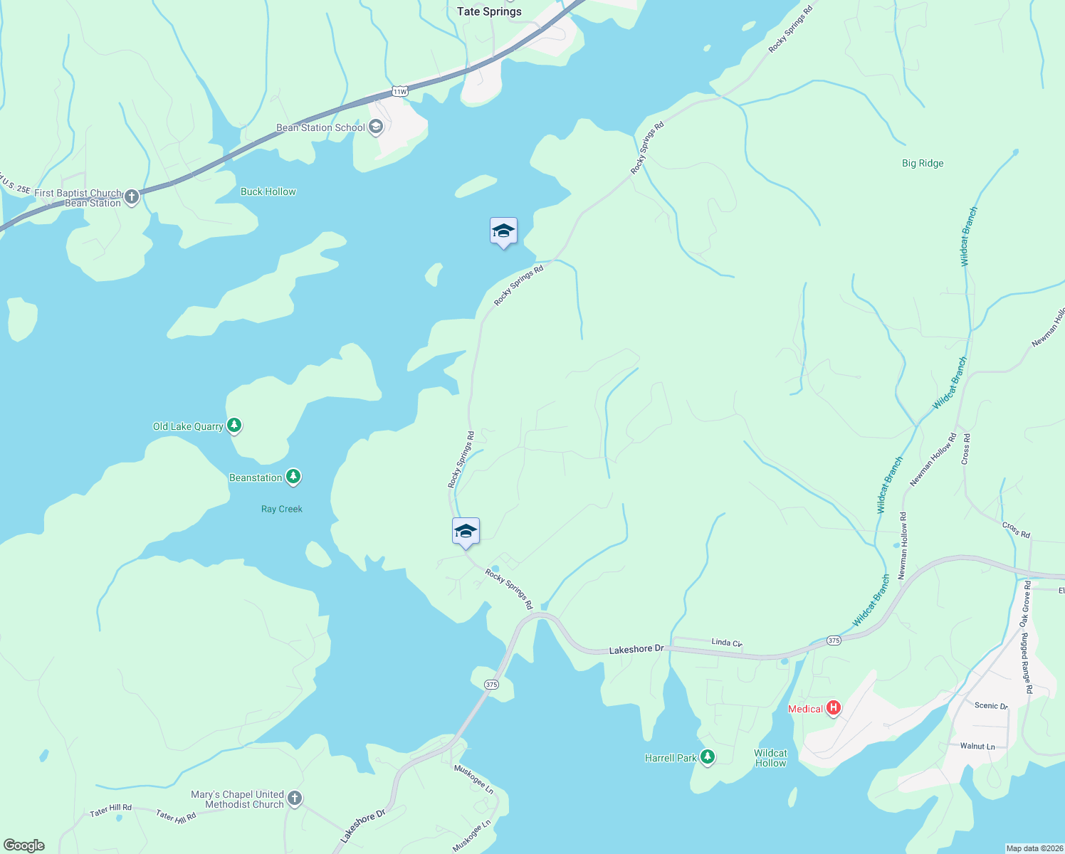 map of restaurants, bars, coffee shops, grocery stores, and more near 107 Paradise Mountain Lane in Bean Station