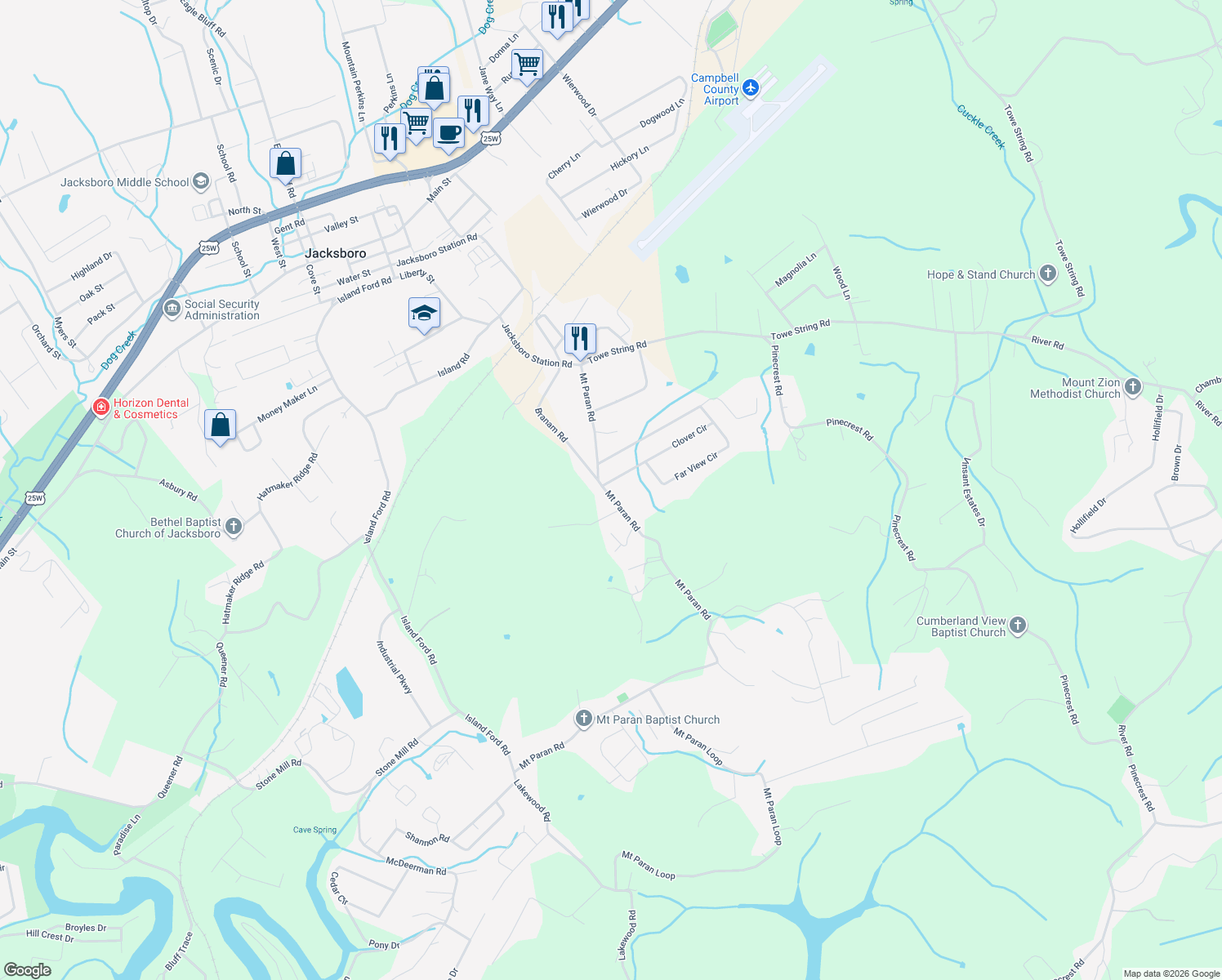 map of restaurants, bars, coffee shops, grocery stores, and more near 493 Clover Circle in Jacksboro