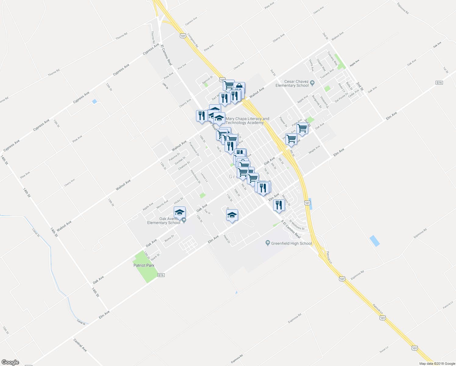 map of restaurants, bars, coffee shops, grocery stores, and more near 215 10th Street in Greenfield