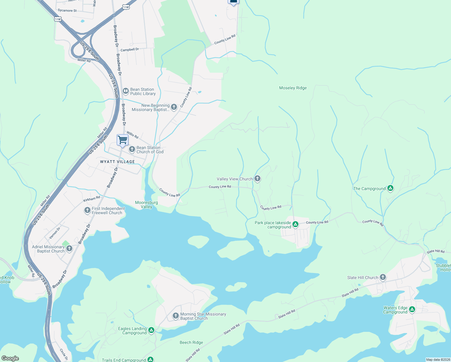 map of restaurants, bars, coffee shops, grocery stores, and more near 944 County Line Road in Mooresburg