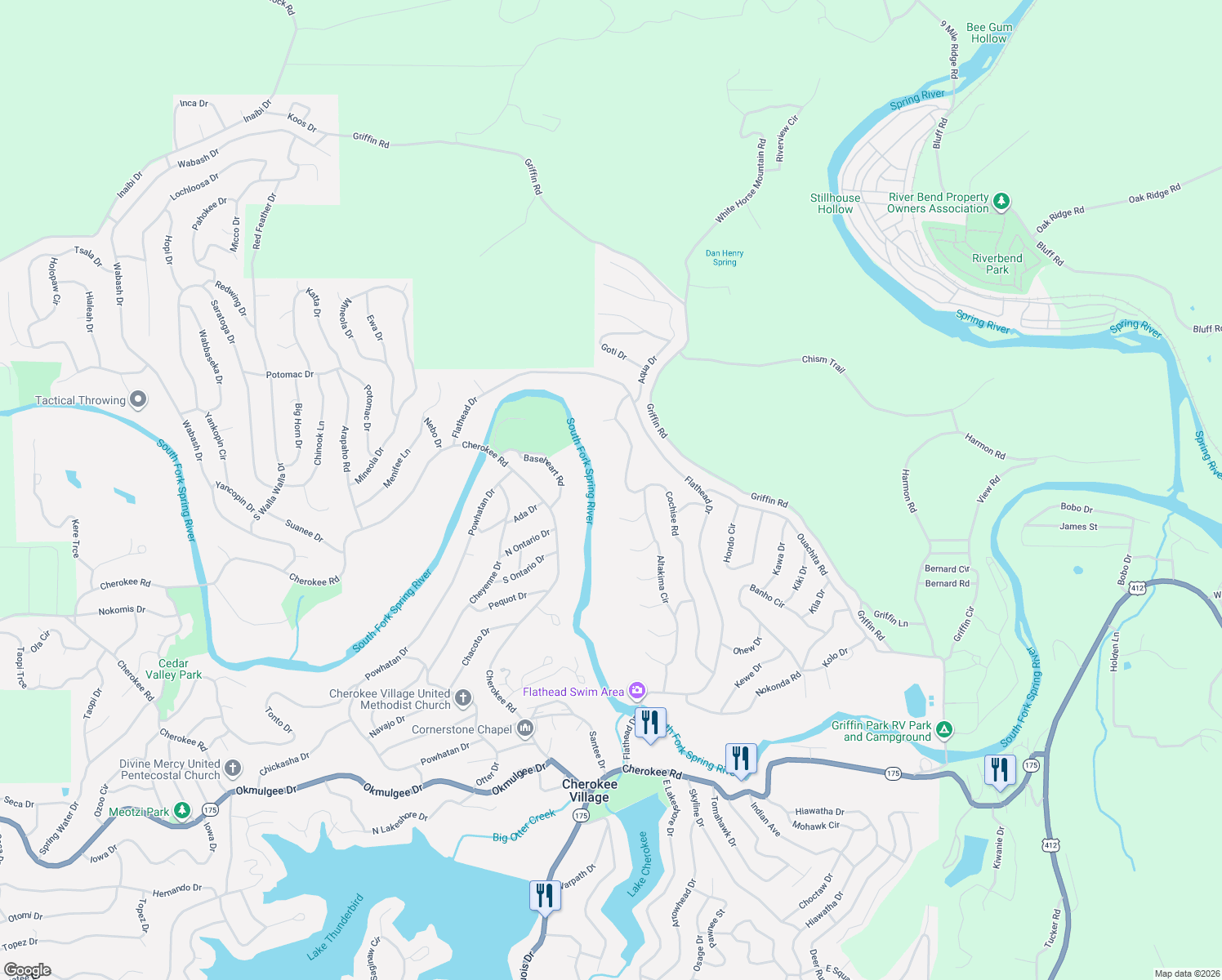 map of restaurants, bars, coffee shops, grocery stores, and more near 31 Cochise Road in Cherokee Village